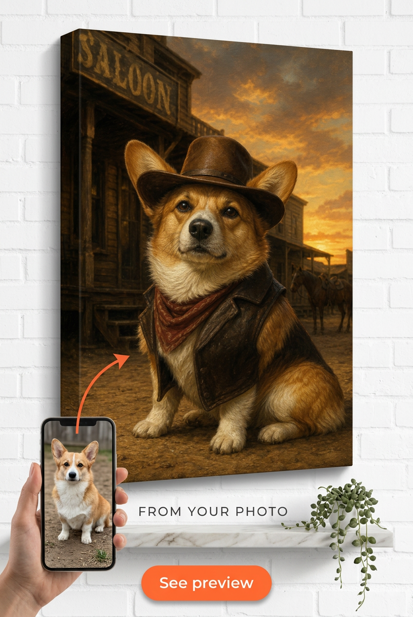 Custom Cowboy Dog Portrait — Whimsical Pet Canvas Art