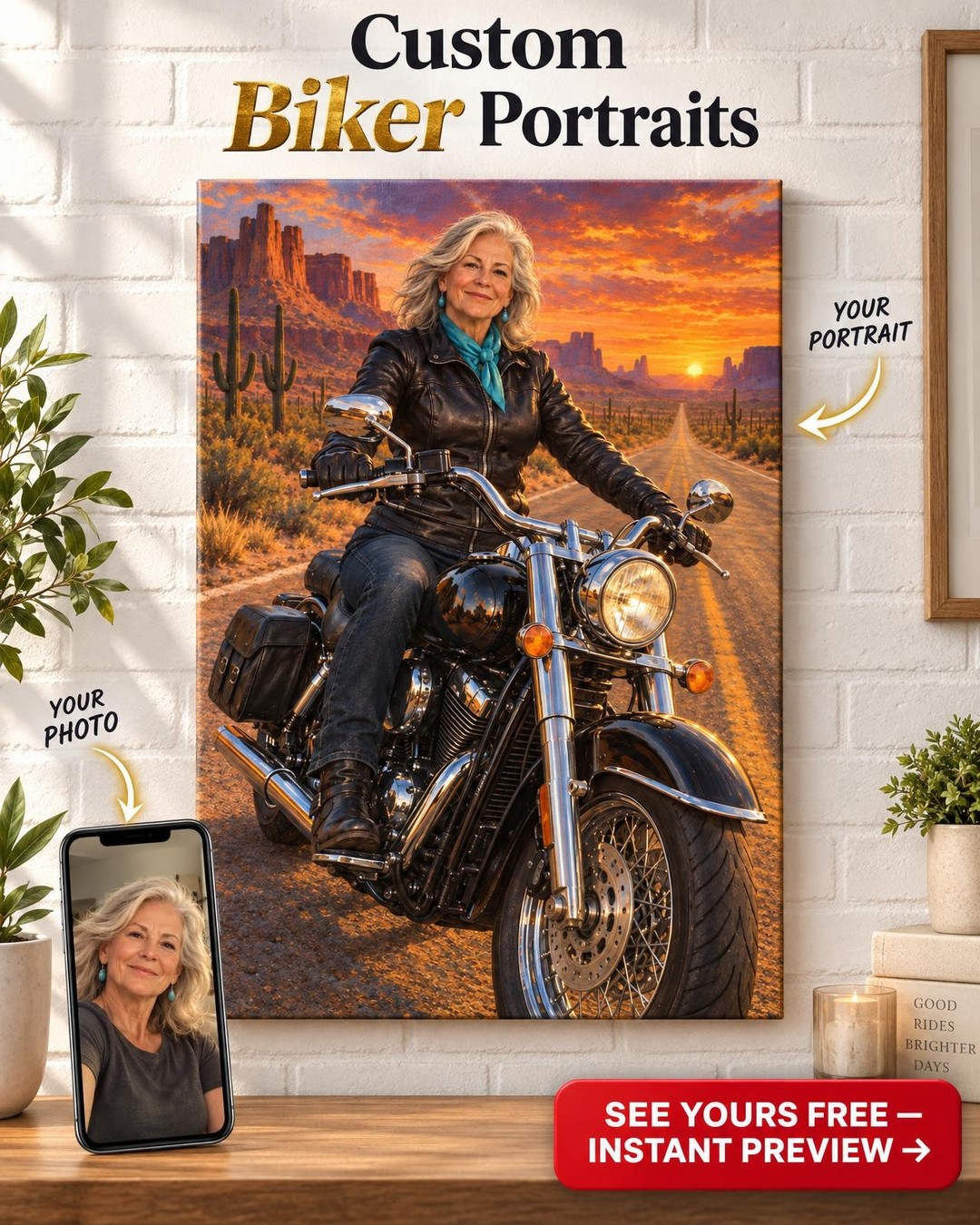 Queen of the Highway Motorcycle Portrait for Her from Photo | Personalized Motorcycle Portrait Gift