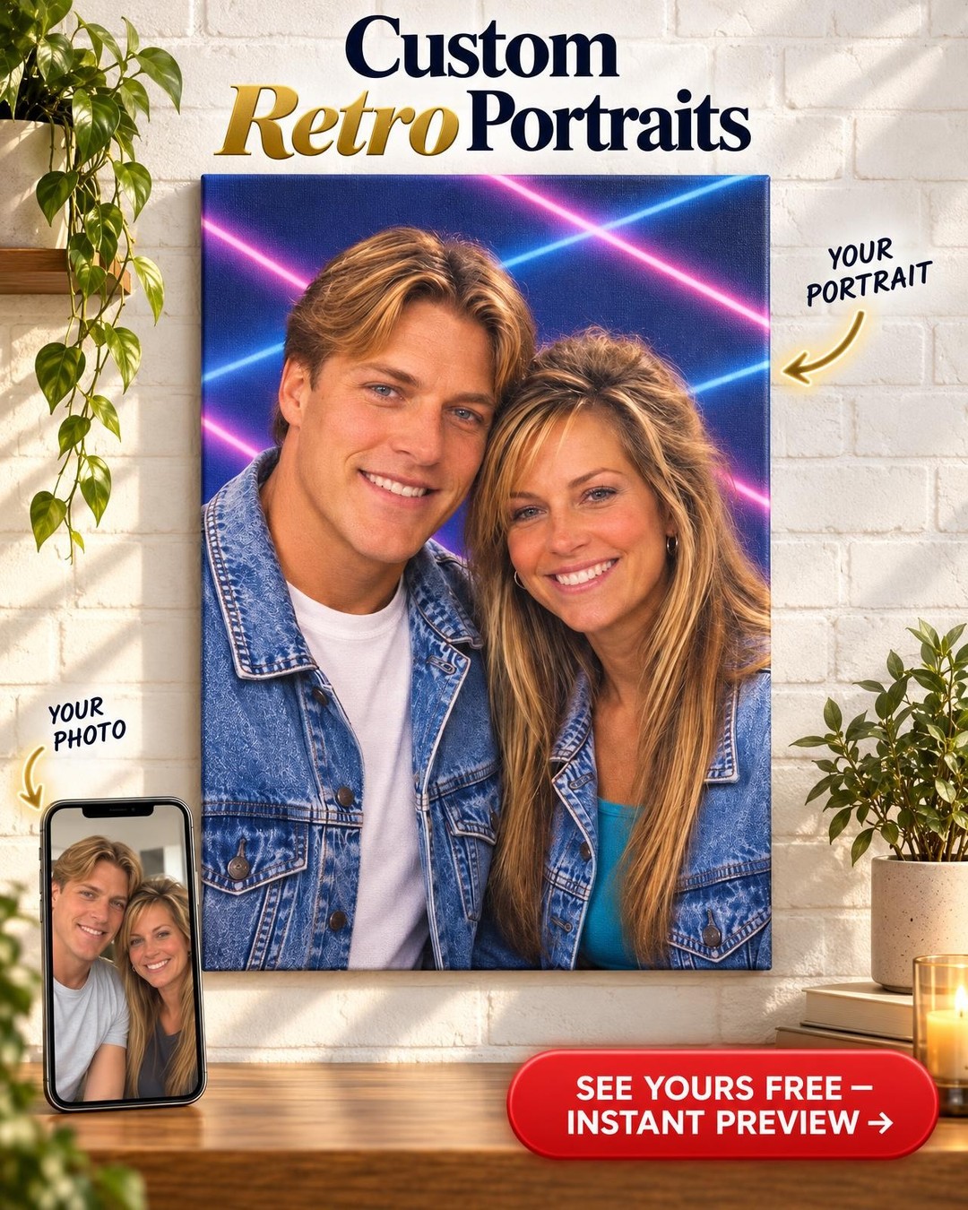 90s Laser Background Couple Custom Portrait from Photo | Personalized Throwback Canvas Gift
