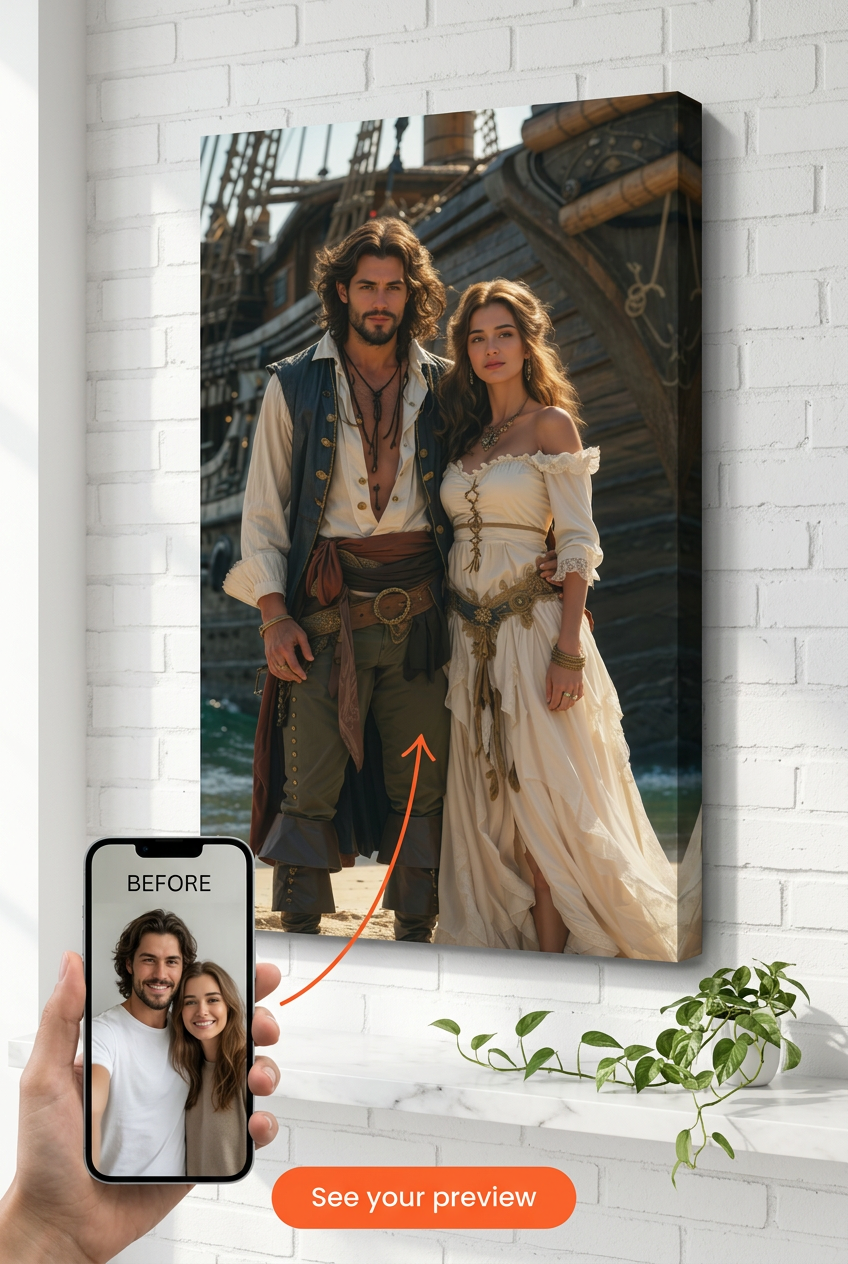 Romantic Pirate Couple Portrait | Custom Seaside Captain & Pirate Queen Artwork from Your Photos