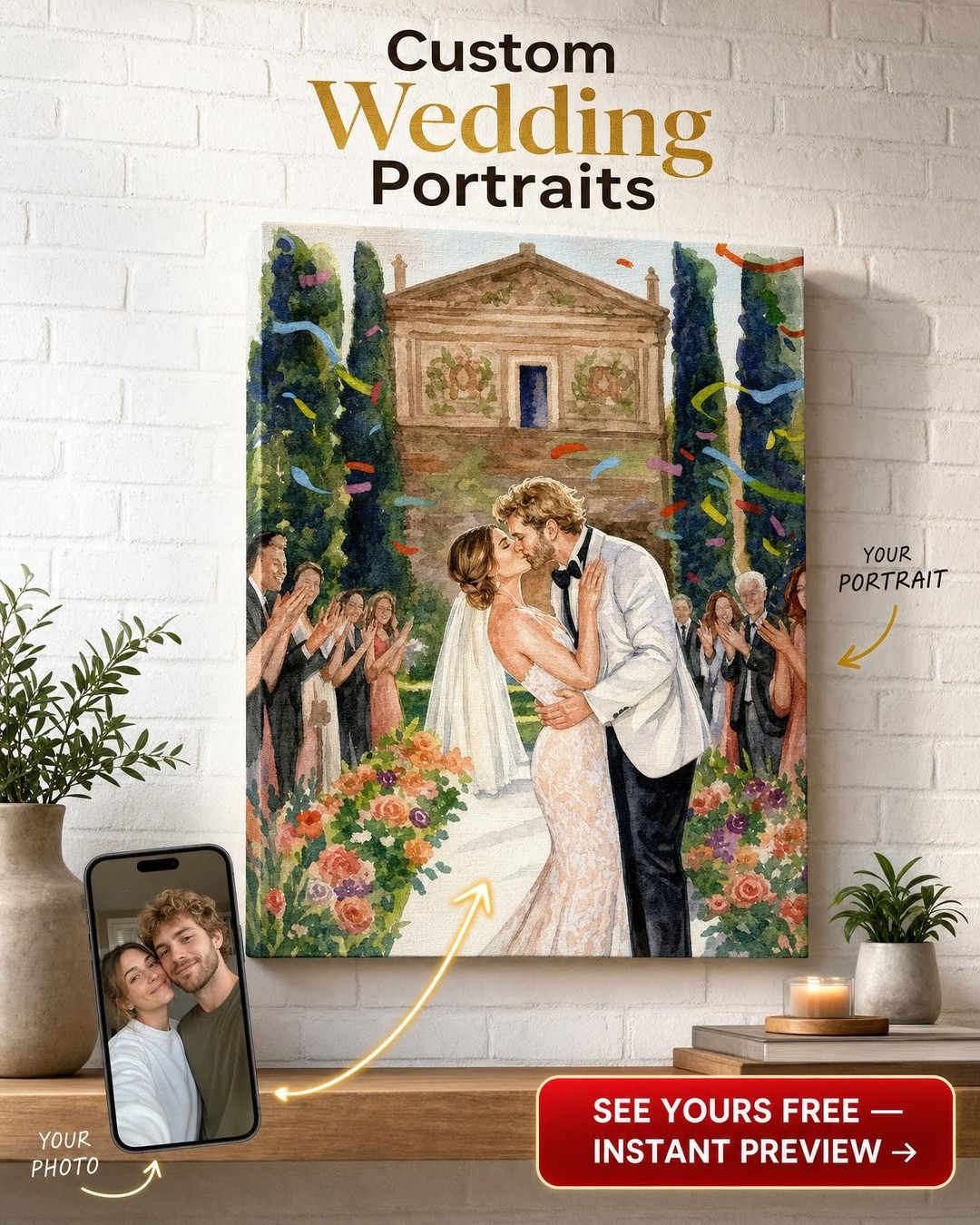 Custom Wedding Couple Portrait — Romantic Watercolor Canvas