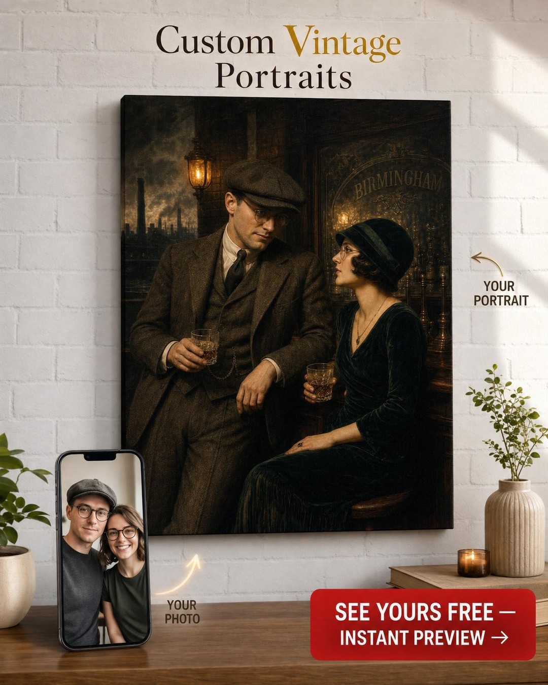 1920s Pub Bar Couple Portrait Gift