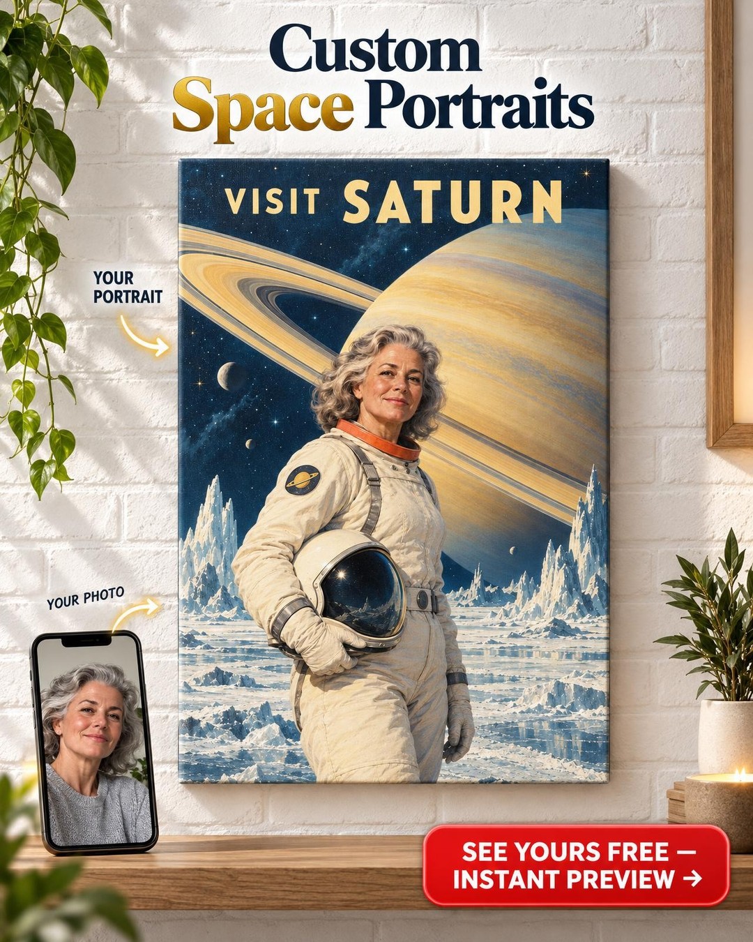 Vintage Saturn Travel Poster Custom Portrait from Photo | Personalized Retro Space Portrait Gift