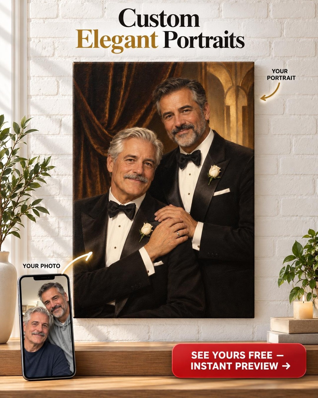 Two Gentlemen Classic Hollywood Custom Portrait from Photo | Personalized LGBTQ Couple Gift