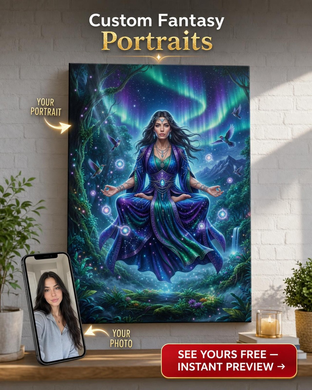 Custom Fantasy Woman Portrait — Whimsical Aurora Canvas Art