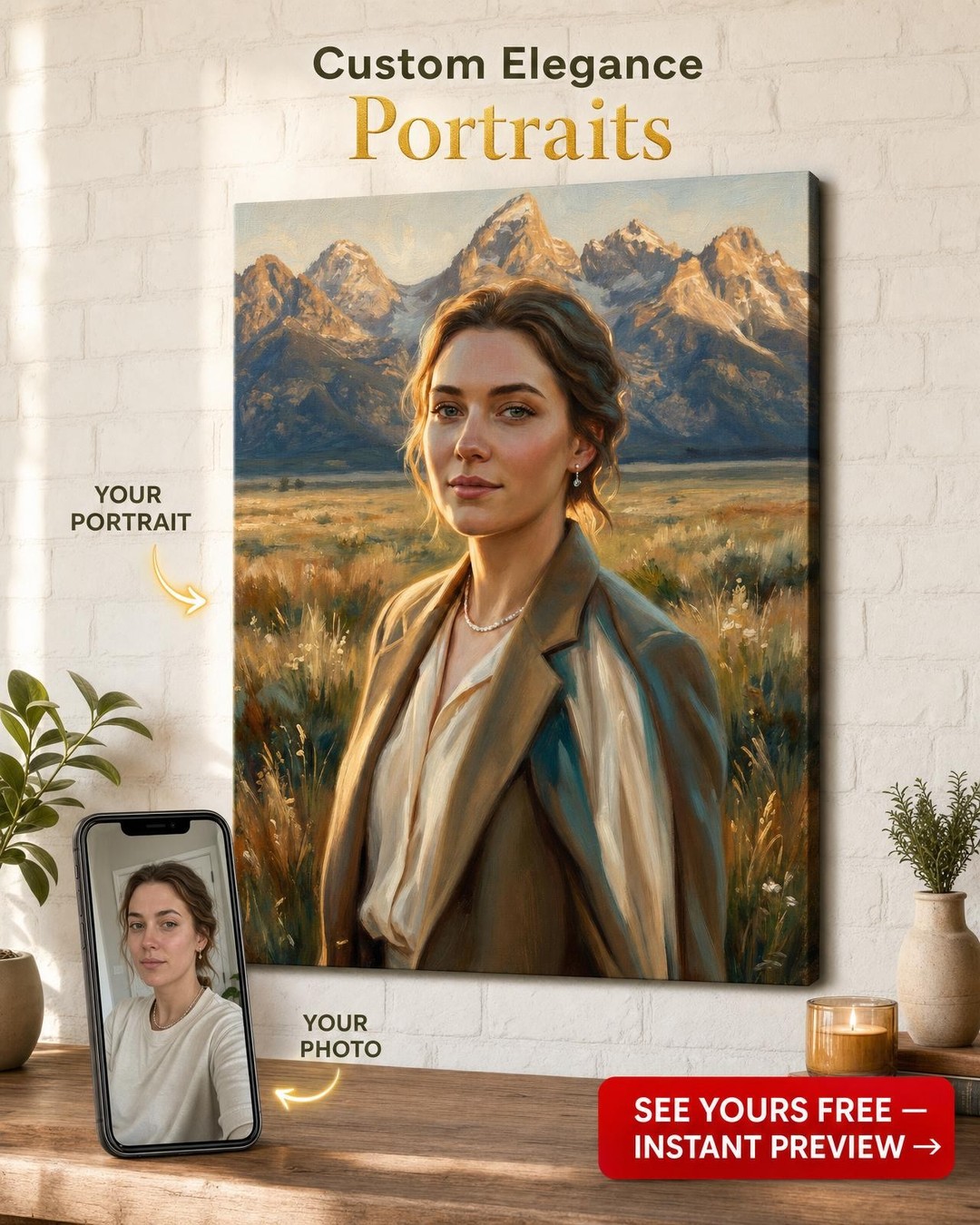 Custom Mountain Woman Portrait — Serene Canvas Art from Photo