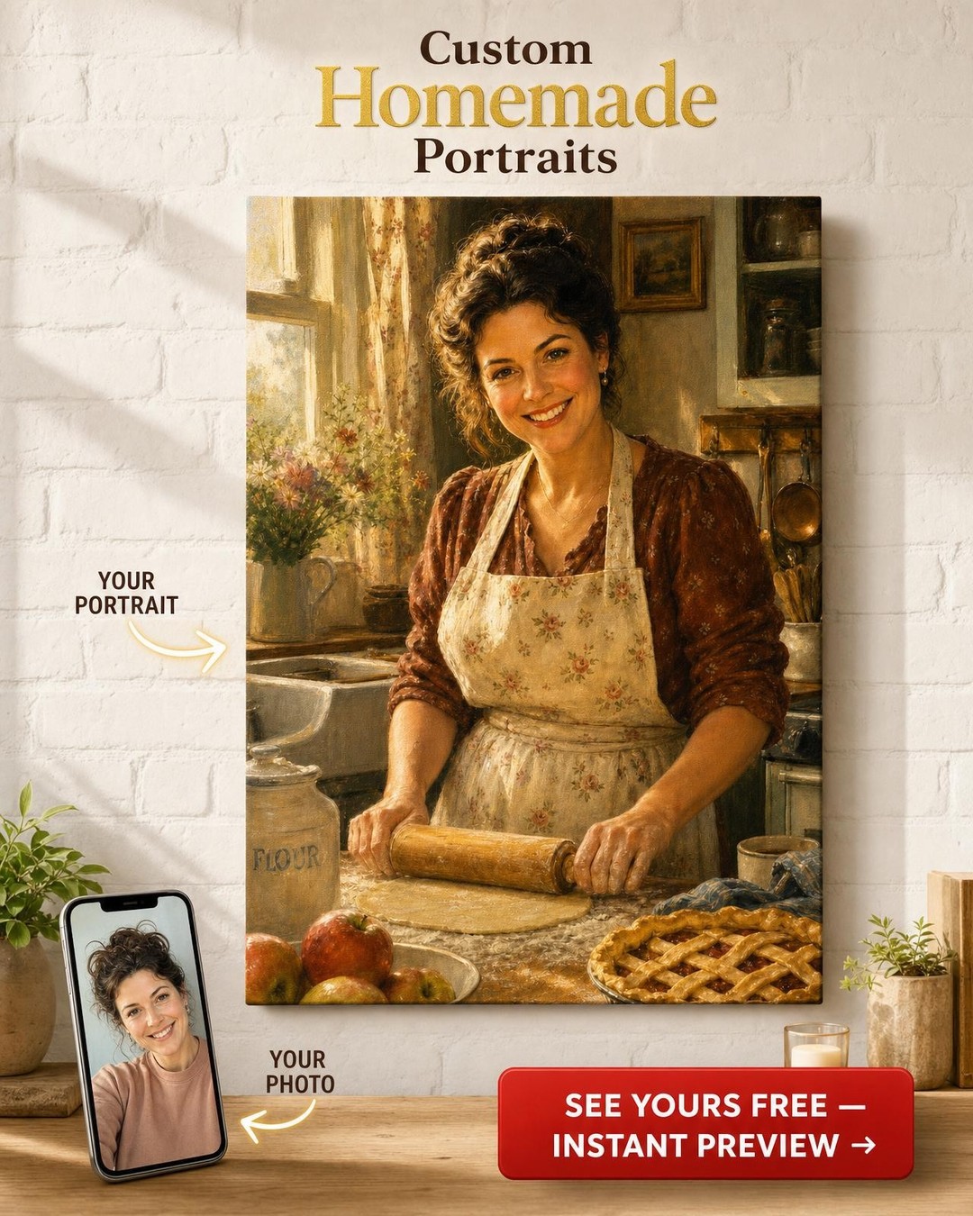 Custom Mother Single Woman Portrait — Whimsical Kitchen from Photo