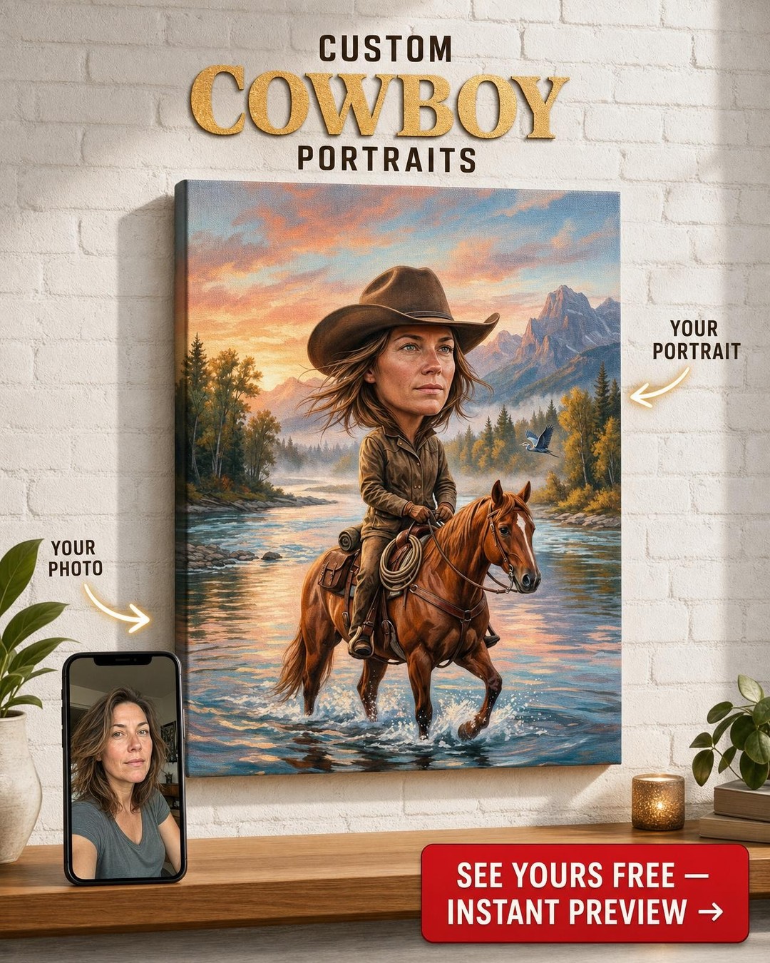 Custom Cowboy Woman Portrait — Whimsical Horse & Mountain Canvas