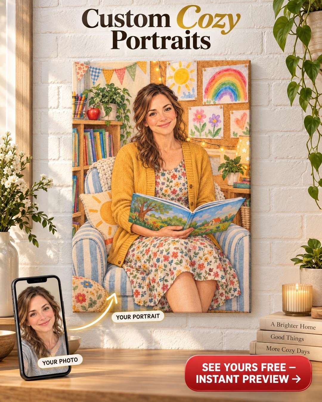 Storybook Watercolor Teacher Custom Portrait from Photo | Personalized Teacher Gift