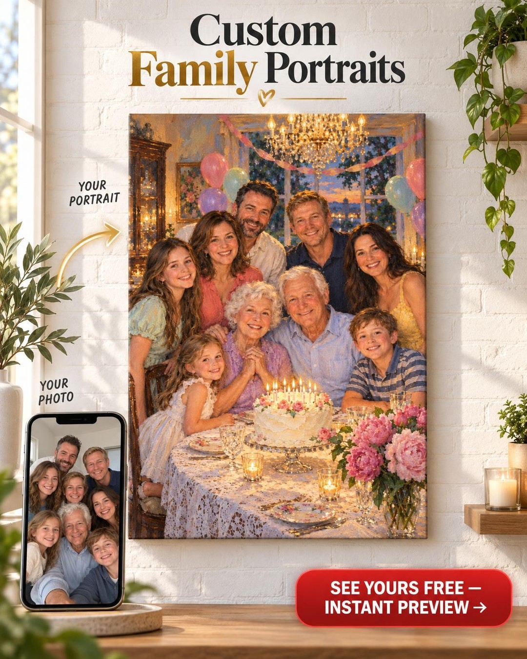The Big Birthday Family Custom Portrait from Photos | Personalized Milestone Birthday Gift for Mom or Dad