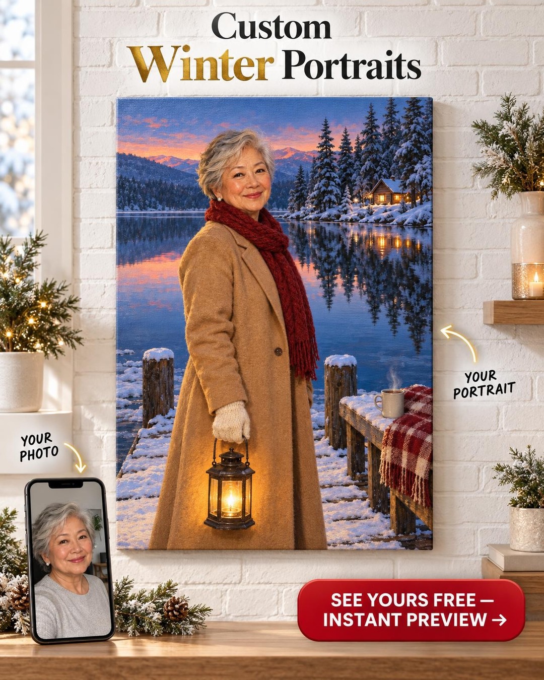 Winter Lantern Lake Custom Portrait from Photo | Personalized Slow Living Gift