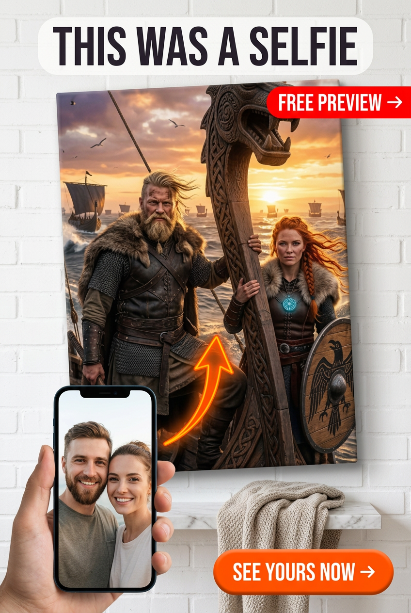 Custom Viking Couple Portrait — Heroic Longship Canvas from Photo