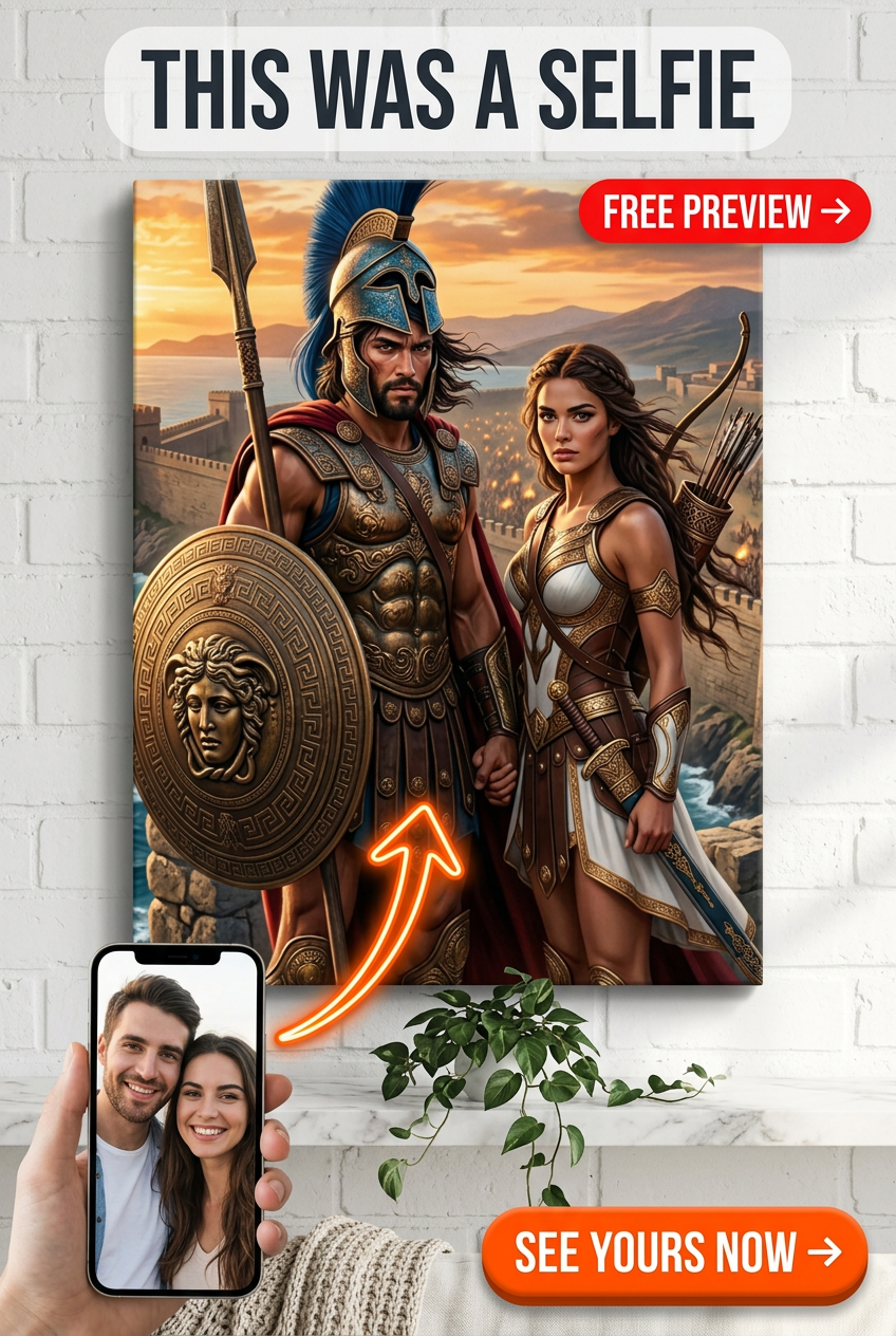 Custom Greek God Couple Portrait — Regal Armor Canvas from Photo