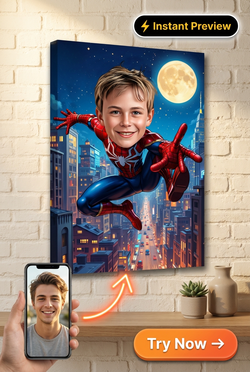 Custom Superhero Boy Portrait — Whimsical Spider-Man Canvas