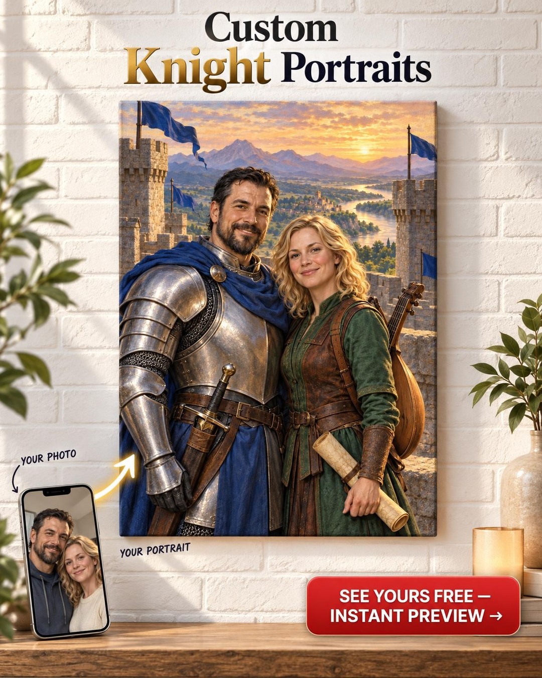 Paladin and Bard Couple Custom Portrait from Photo | Personalized Tabletop Fantasy Gift