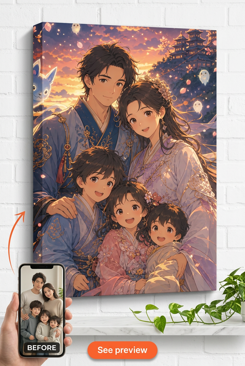 Custom Anime Warrior Couple Portrait — Joyful Family Canvas from Photo