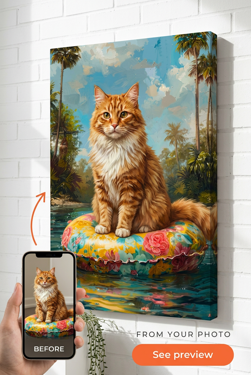 Custom Cat Pet Portrait — Whimsical Tropical Canvas from Photo
