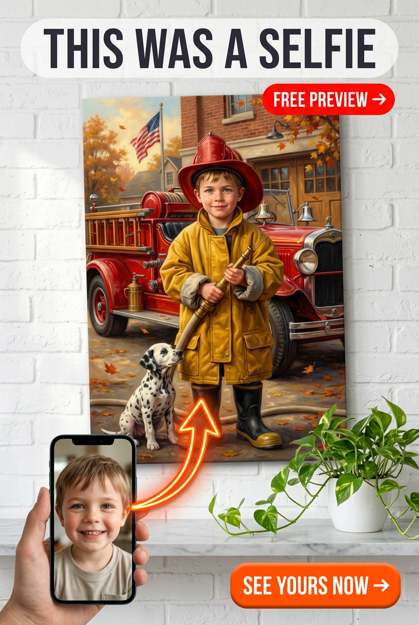Custom Firefighter Boy Portrait — Whimsical Fire Truck Canvas
