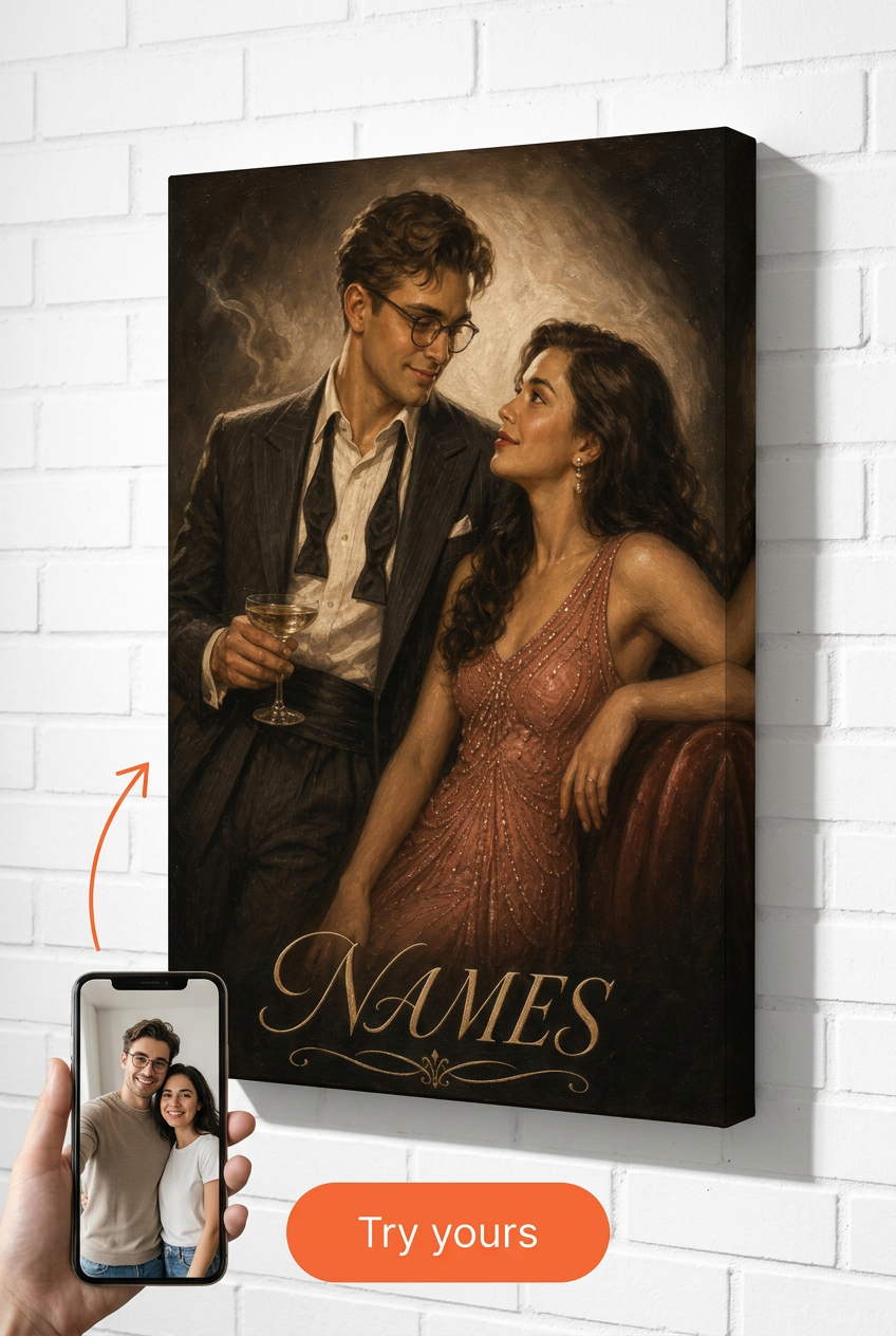 Custom 1940s Speakeasy Hollywood Couple Portrait from Photo | Personalized Gift