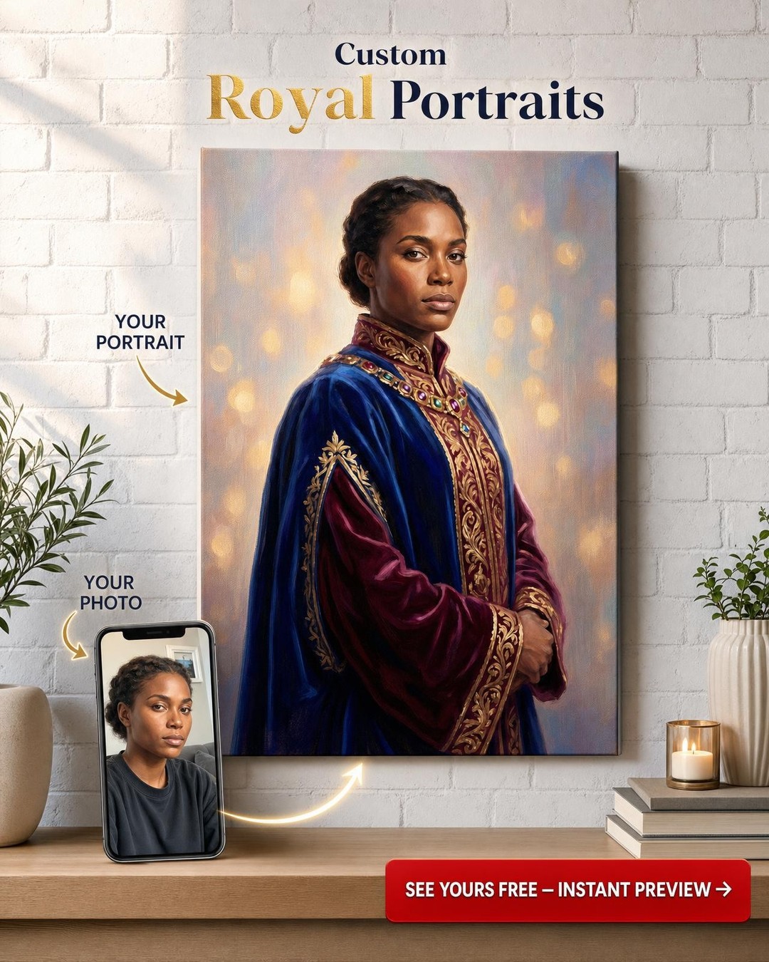 Custom Royal Woman Portrait — Regal Canvas from Photo