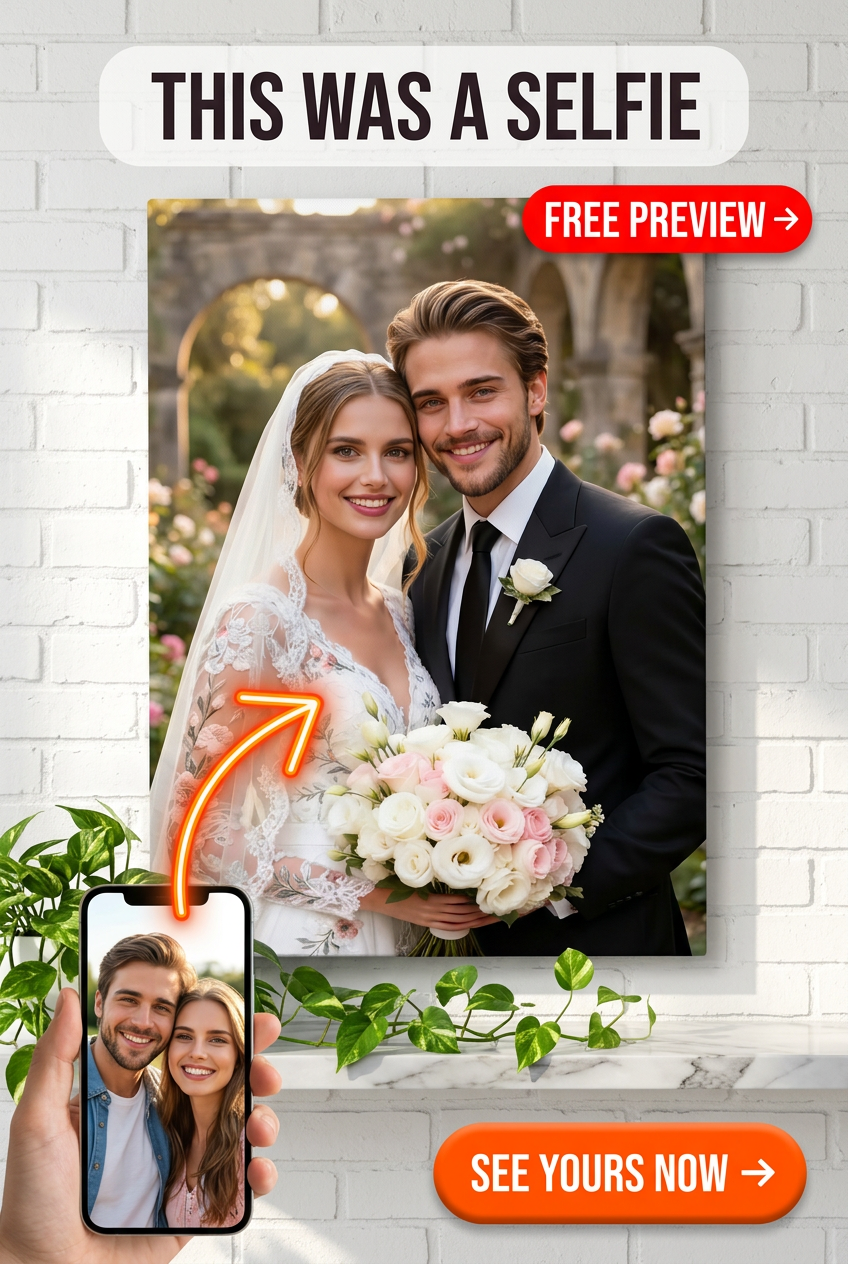 Custom Wedding Couple Portrait — Romantic Floral Canvas from Photo