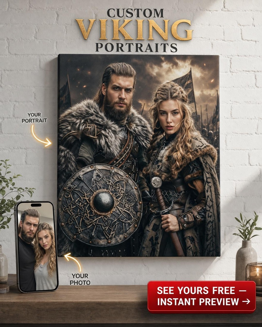 Custom Viking Couple Portrait — Heroic Armor Canvas