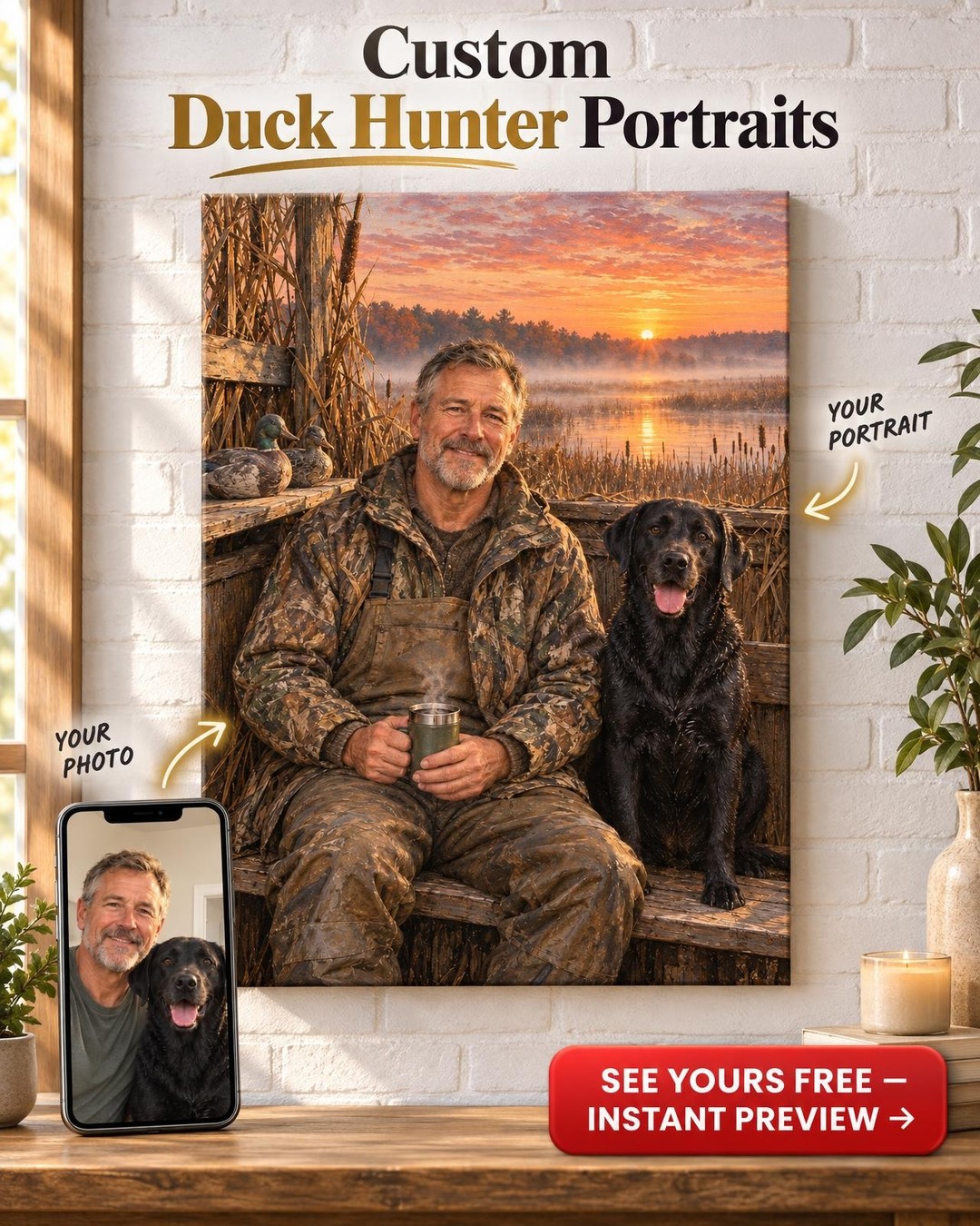 Duck Blind at Sunrise Custom Portrait from Photo | Personalized Hunting Camp Gift