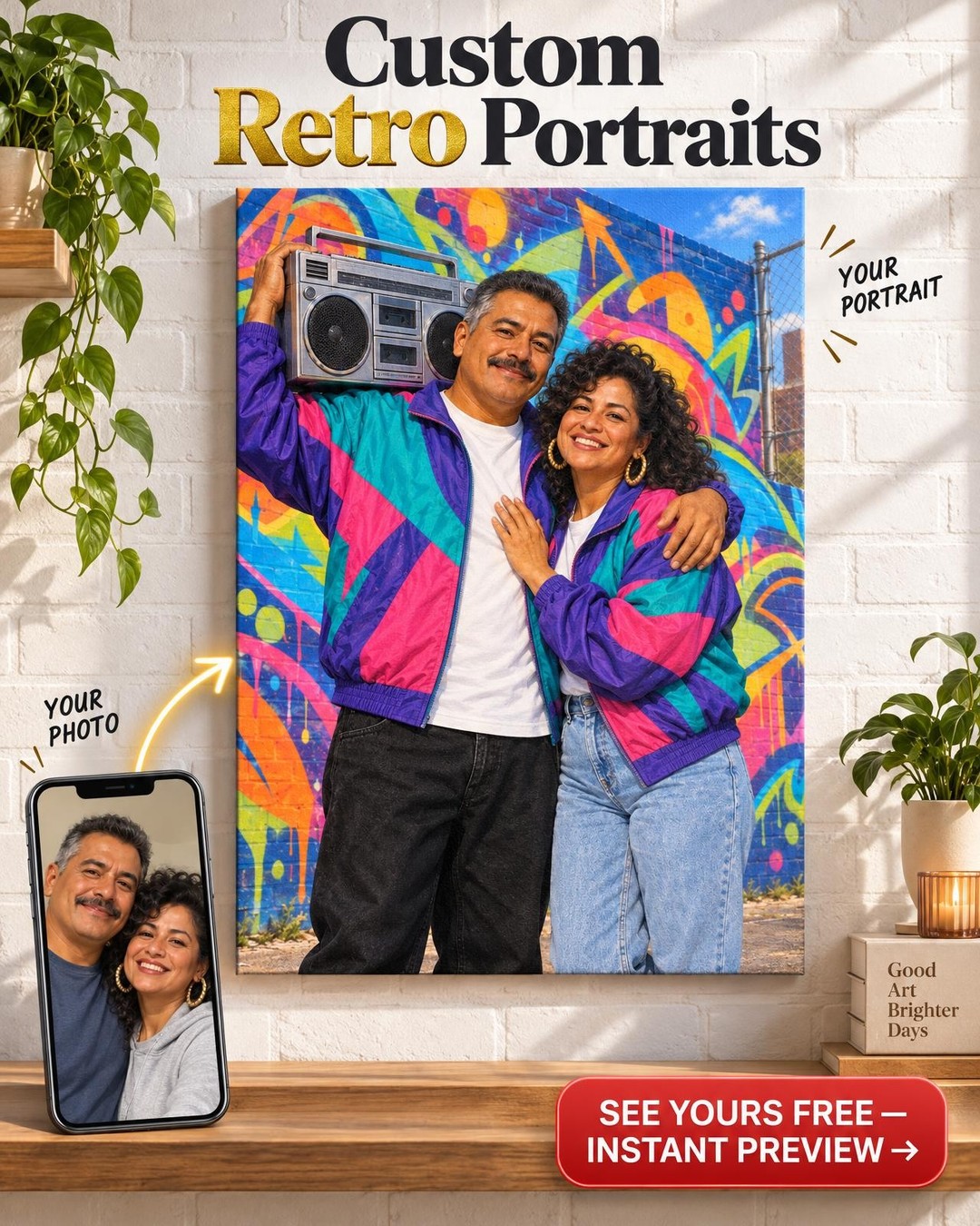 90s Hip Hop Graffiti Wall Custom Portrait from Photo | Personalized Canvas Gift