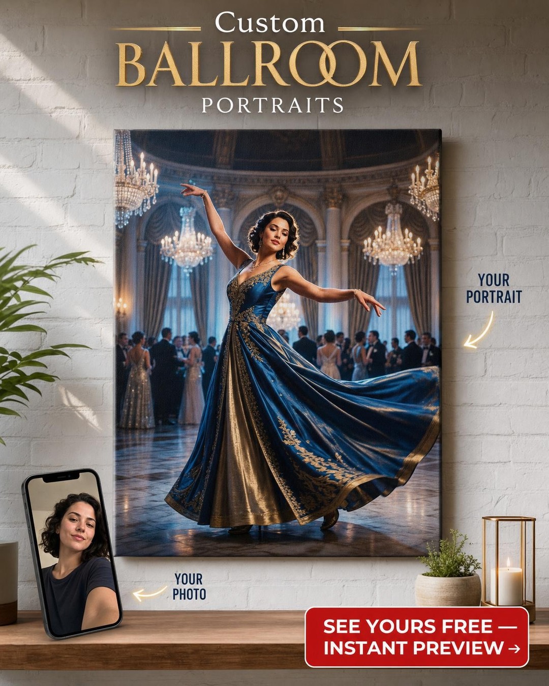 Custom Royal Woman Portrait — Romantic Ballroom Canvas from Photo