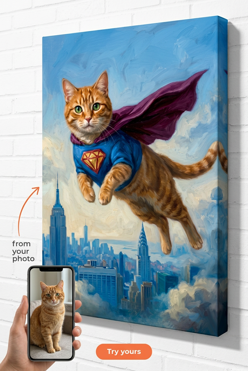 Custom Superhero Cat Portrait — Whimsical Pet Canvas Art