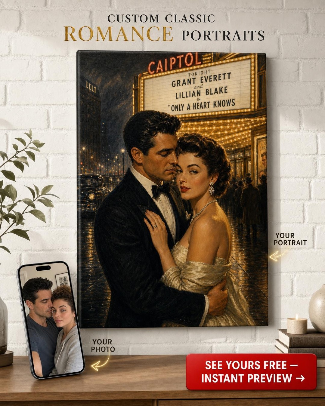 Silver Screen Romance Custom Portrait from Photo | Personalized Couples Gift
