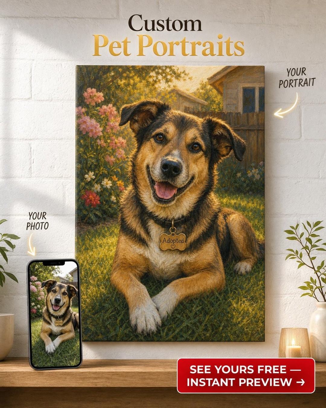 Rescue Dog Forever Home Portrait — AI-regenerated portrait, fresh per order
