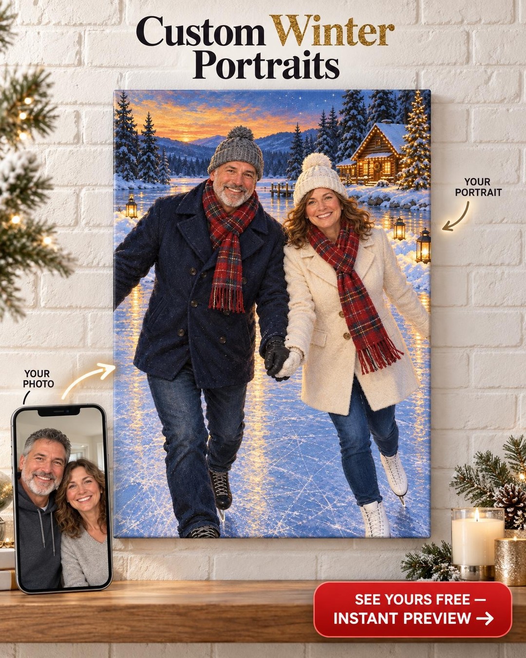 Christmas Skating Couple Custom Portrait from Photo | Personalized Hockey Portrait Gift