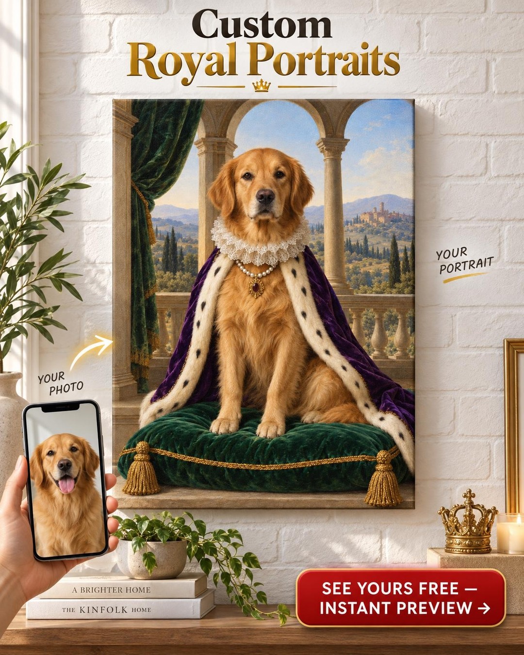 Custom Renaissance Dog Portrait — Ermine Cape Loggia Canvas from Photo
