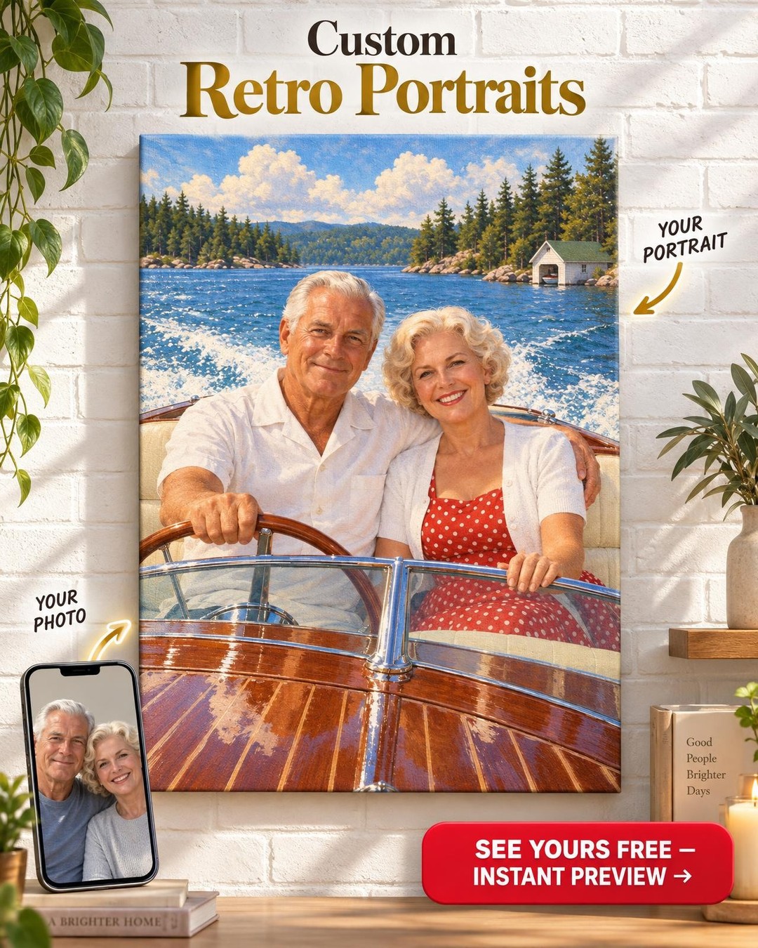 Vintage Lake Couple Custom Portrait from Photo | Personalized Lake Life Gift