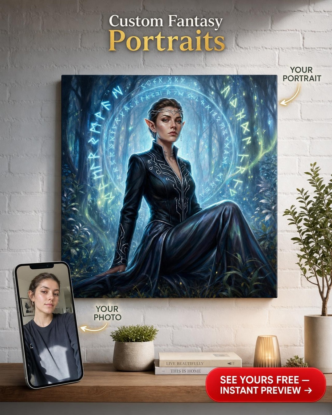 Custom Fantasy Woman Portrait — Whimsical Elf Hacker Canvas from Photo