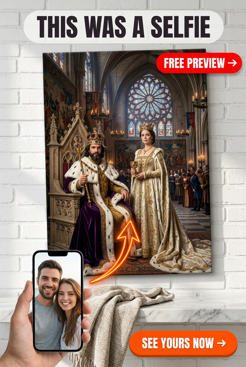 Custom Royal Couple Portrait — Regal Throne Canvas from Photo