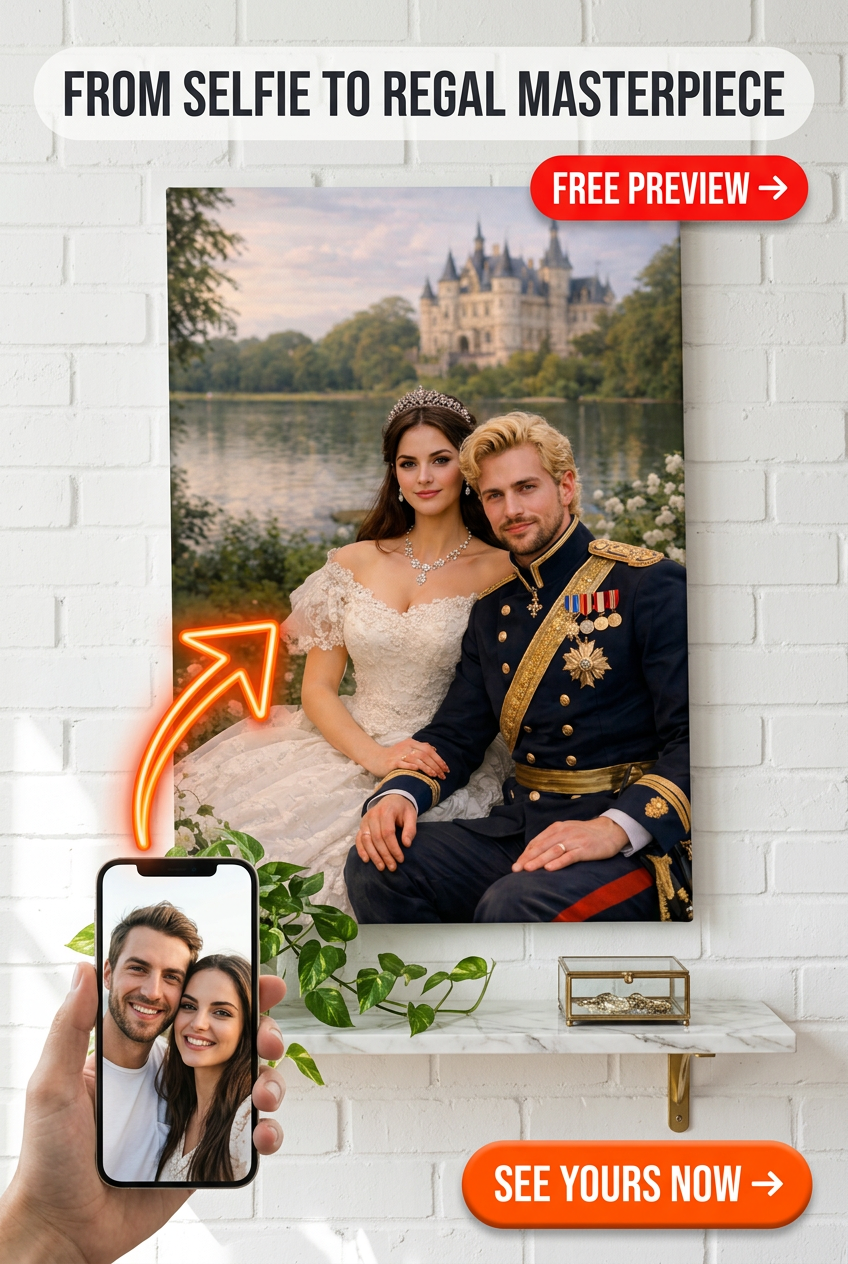 Custom Royal Couple Portrait — Regal Castle Canvas from Photo