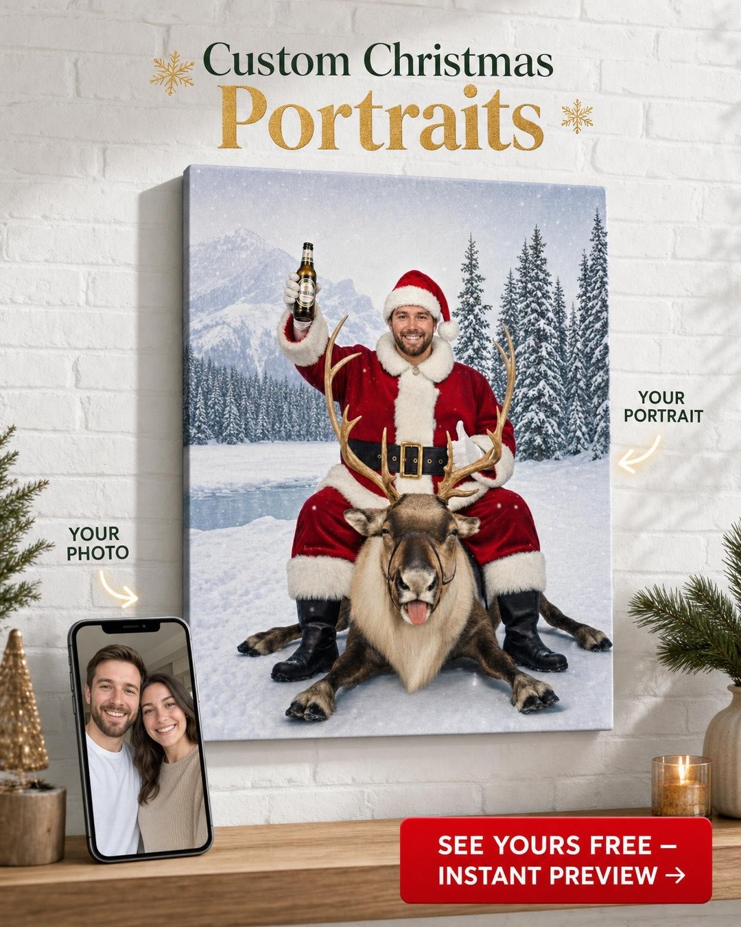 Custom Christmas Single Man Portrait — Festive Santa Canvas from Photo