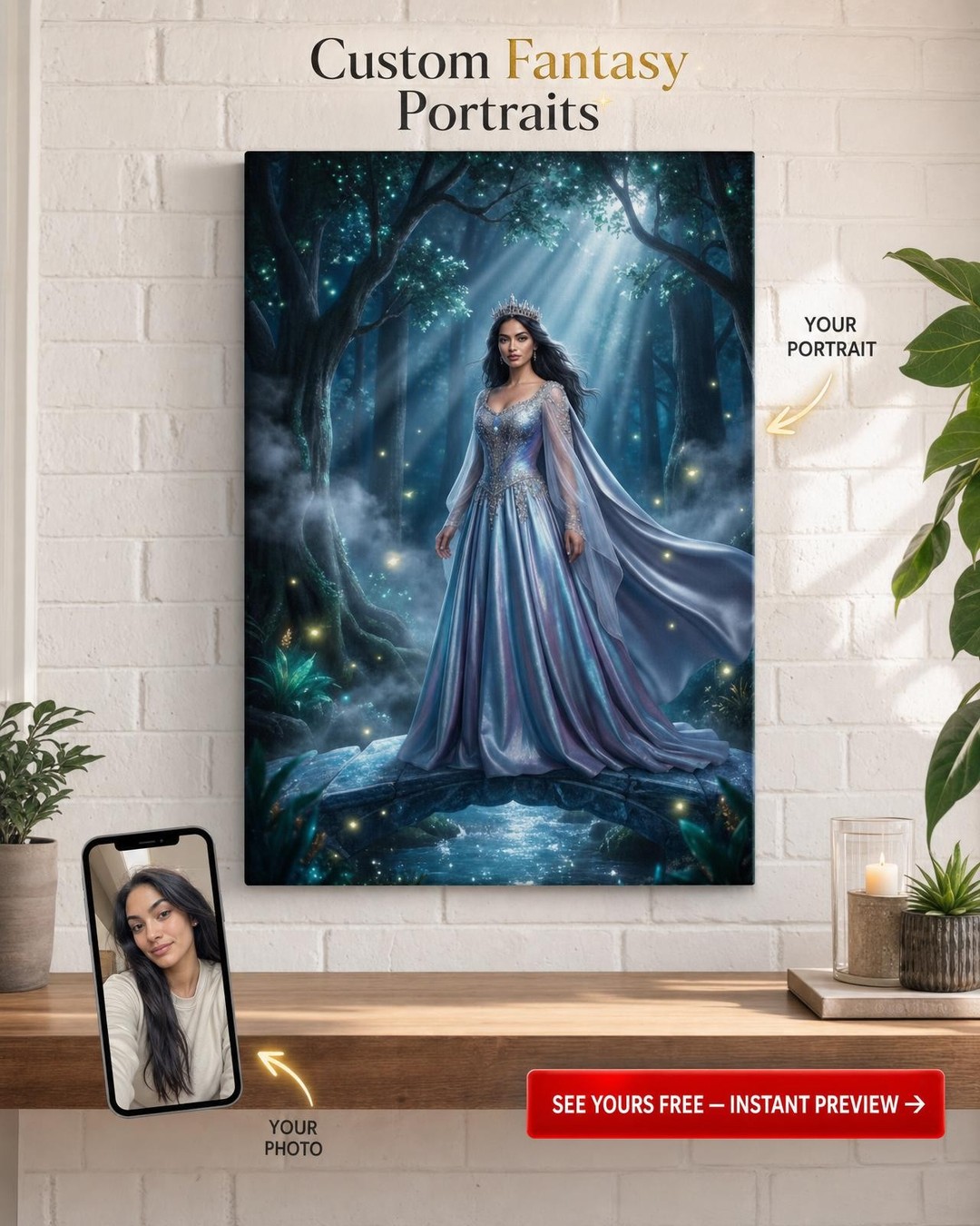 Custom Fantasy Woman Portrait — Whimsical Crown & Magic from Photo Canvas