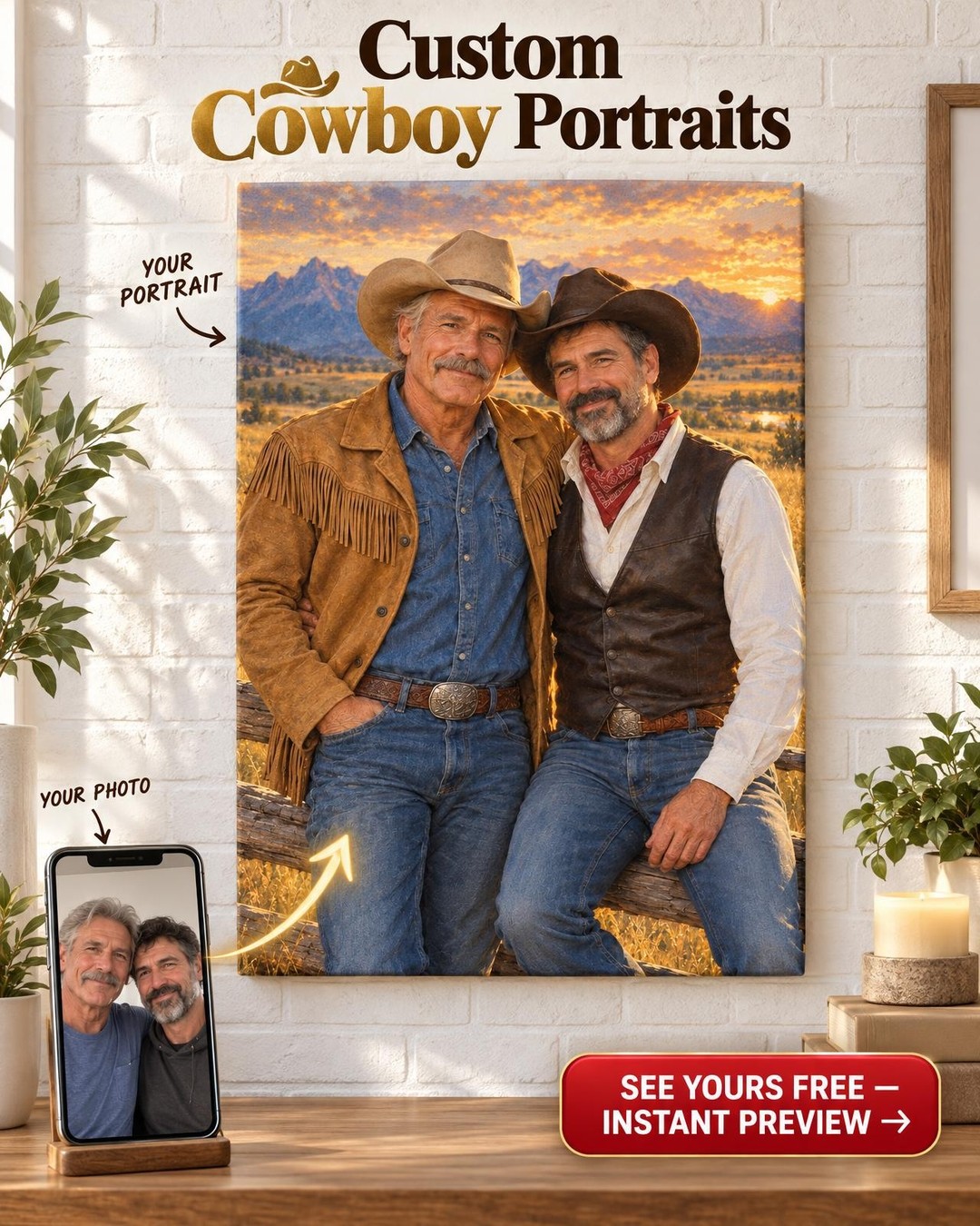 Two Cowboys Romantic Western Custom Portrait from Photo | Personalized LGBTQ Couple Gift