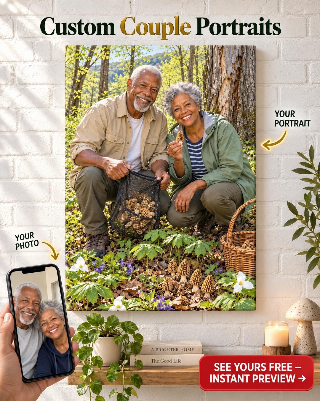 Morel Hunt Couple Custom Portrait from Photo | Personalized Mushroom Foraging Gift