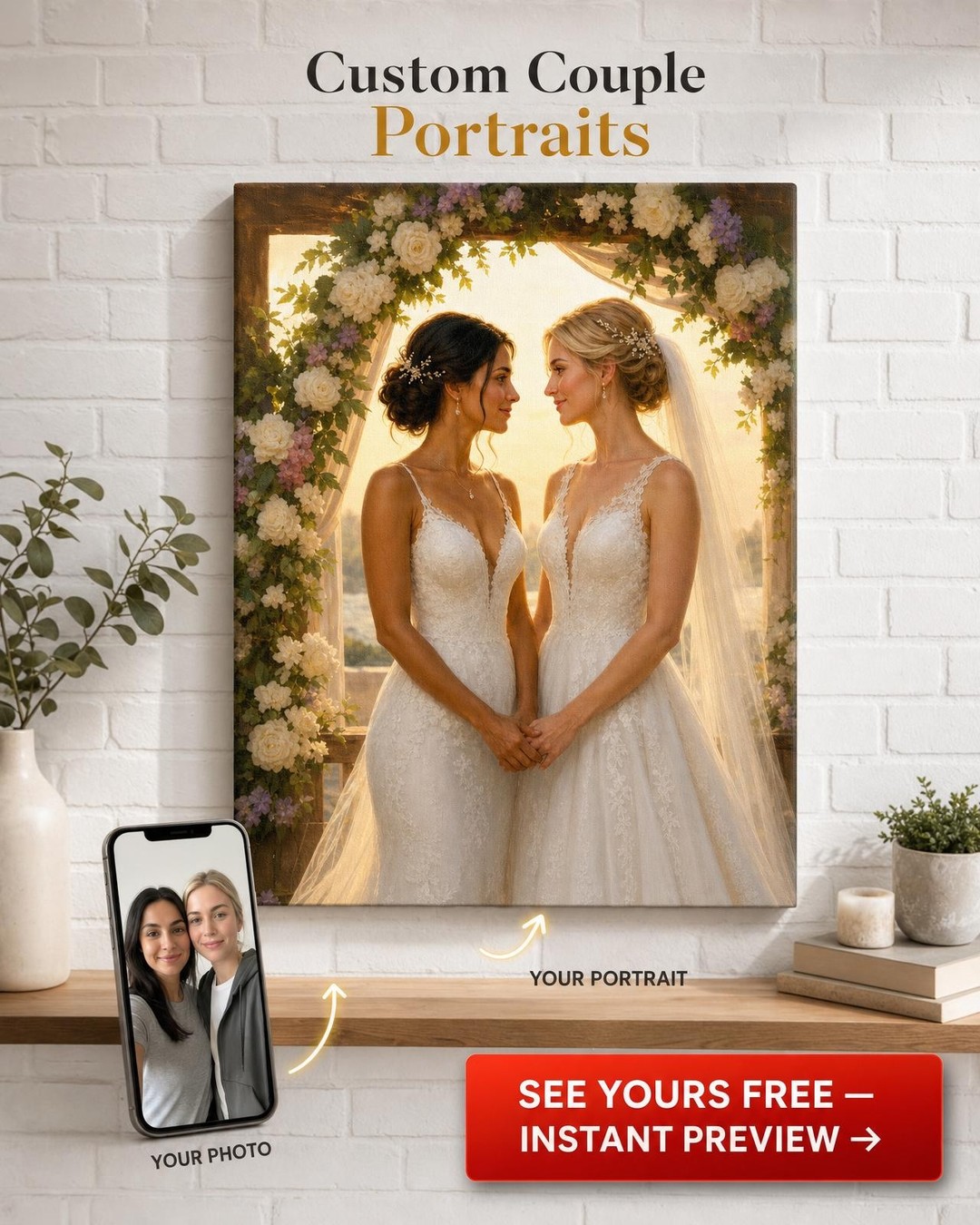Two Brides Wedding Portrait Custom Portrait from Photo | Personalized General Gift