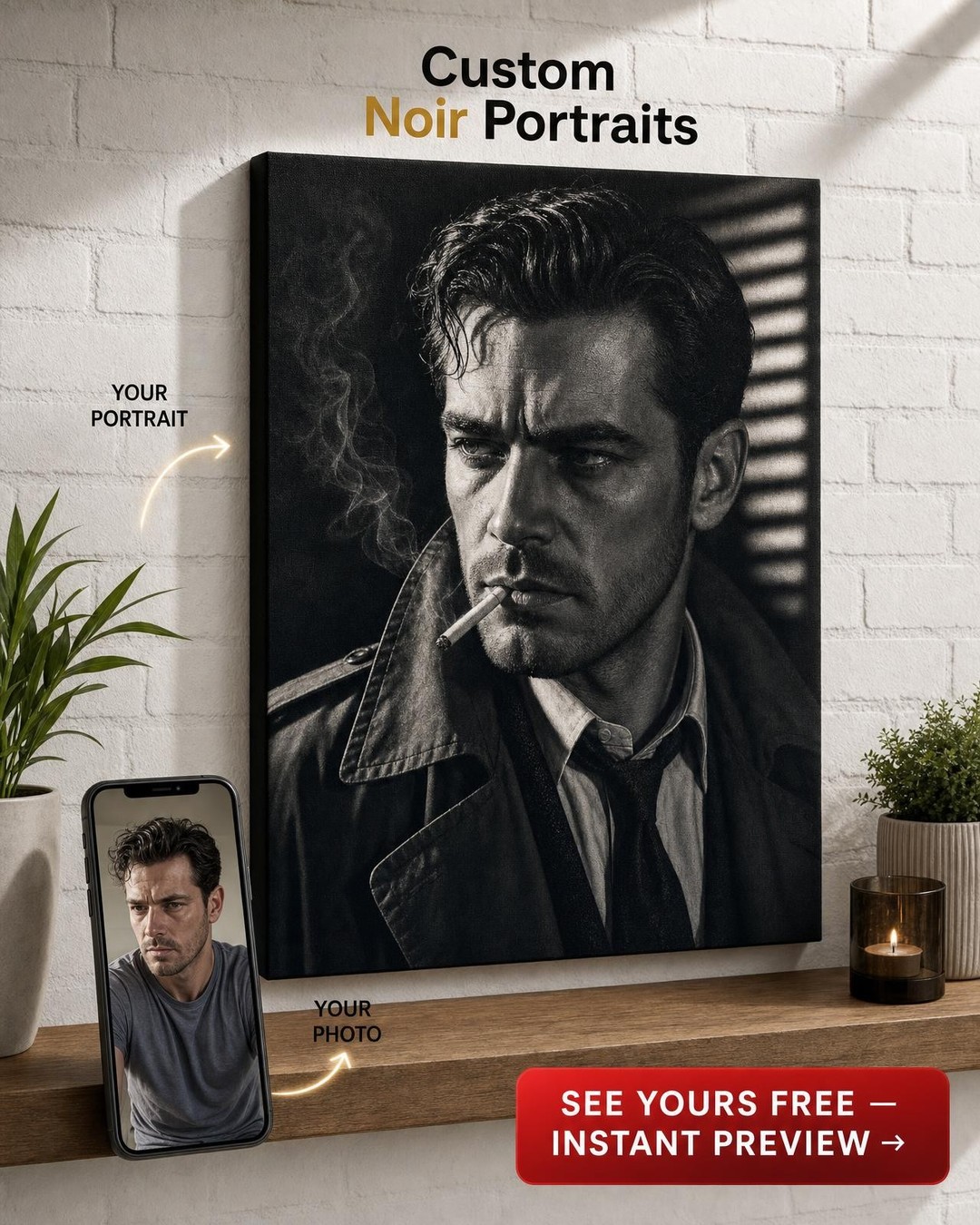 Newspaper Headline Film Noir Custom Portrait from Photo | Personalized Canvas Gift
