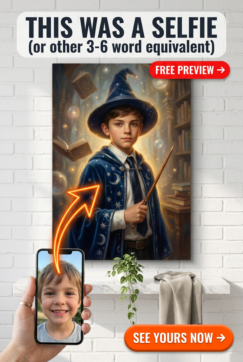Custom Fantasy Boy Portrait — Whimsical Wizard Canvas from Photo