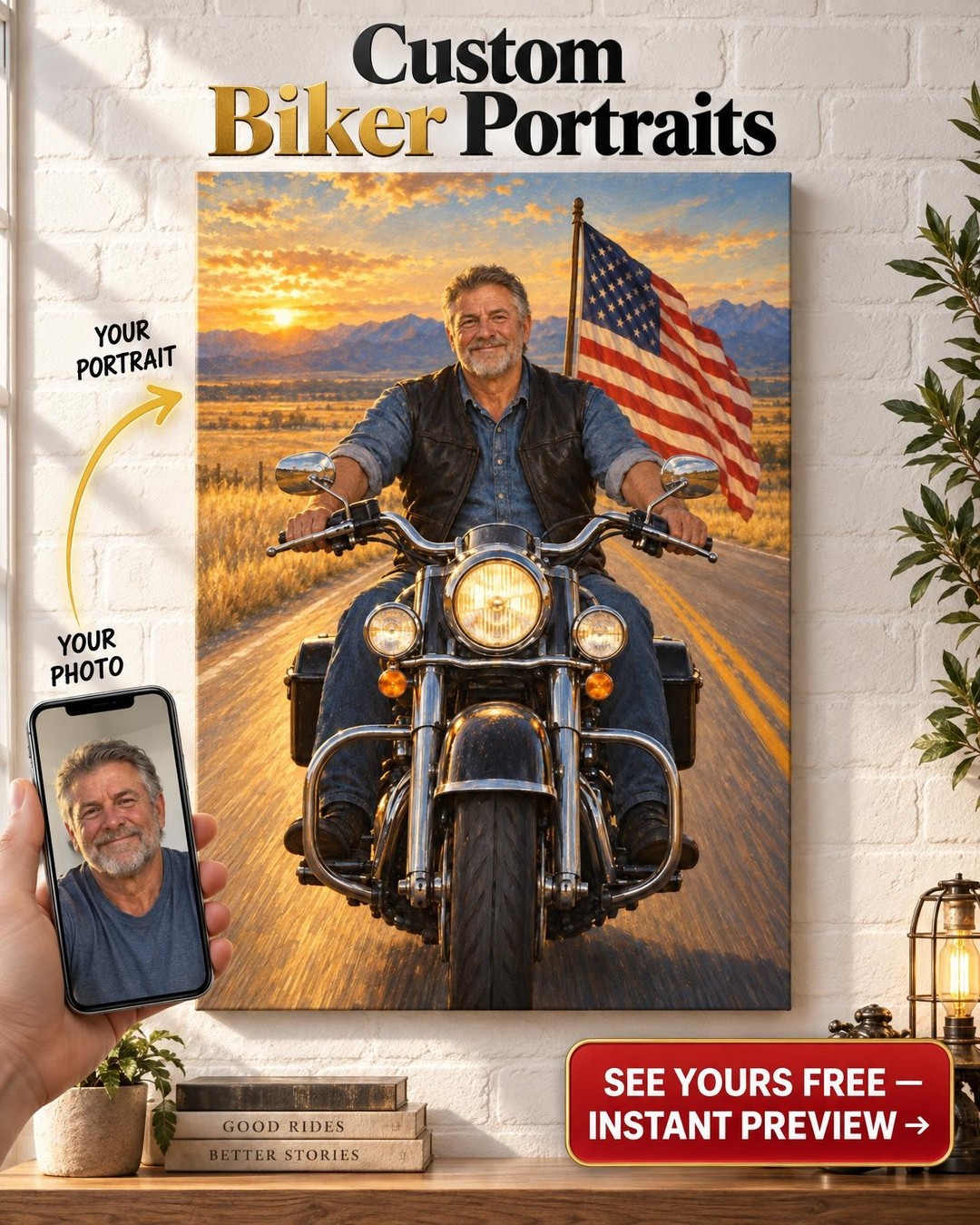 Flag Ride Motorcycle Custom Portrait from Photo | Personalized Motorcycle Portrait Gift