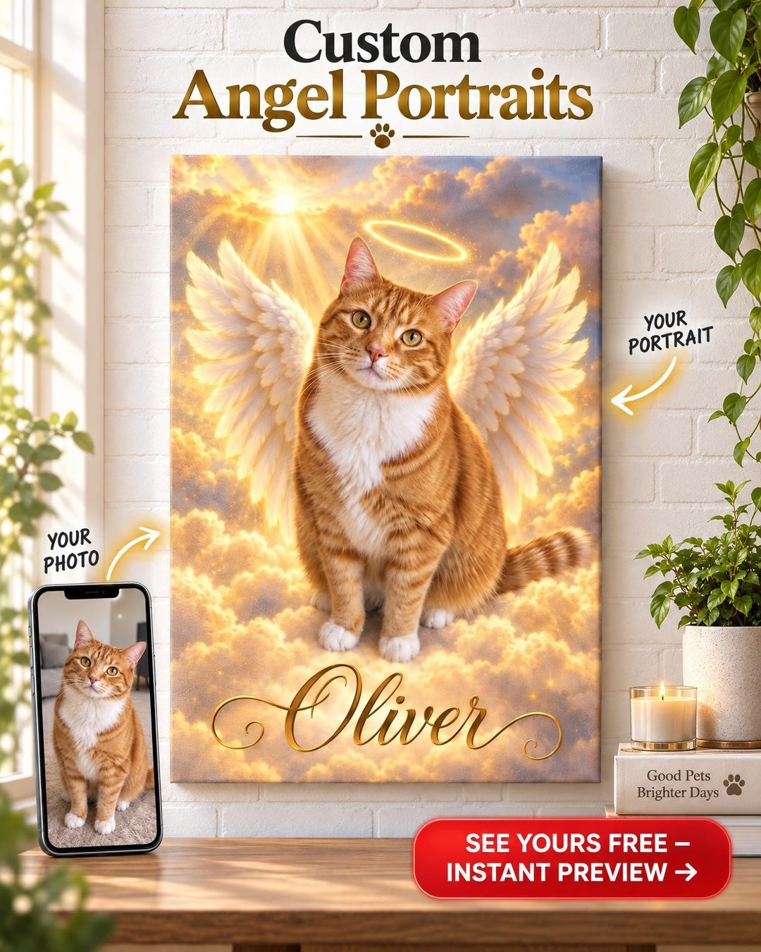 Cat Memorial Portrait with Angel Wings Custom Portrait from Photo | Personalized Cat Memorial Gift