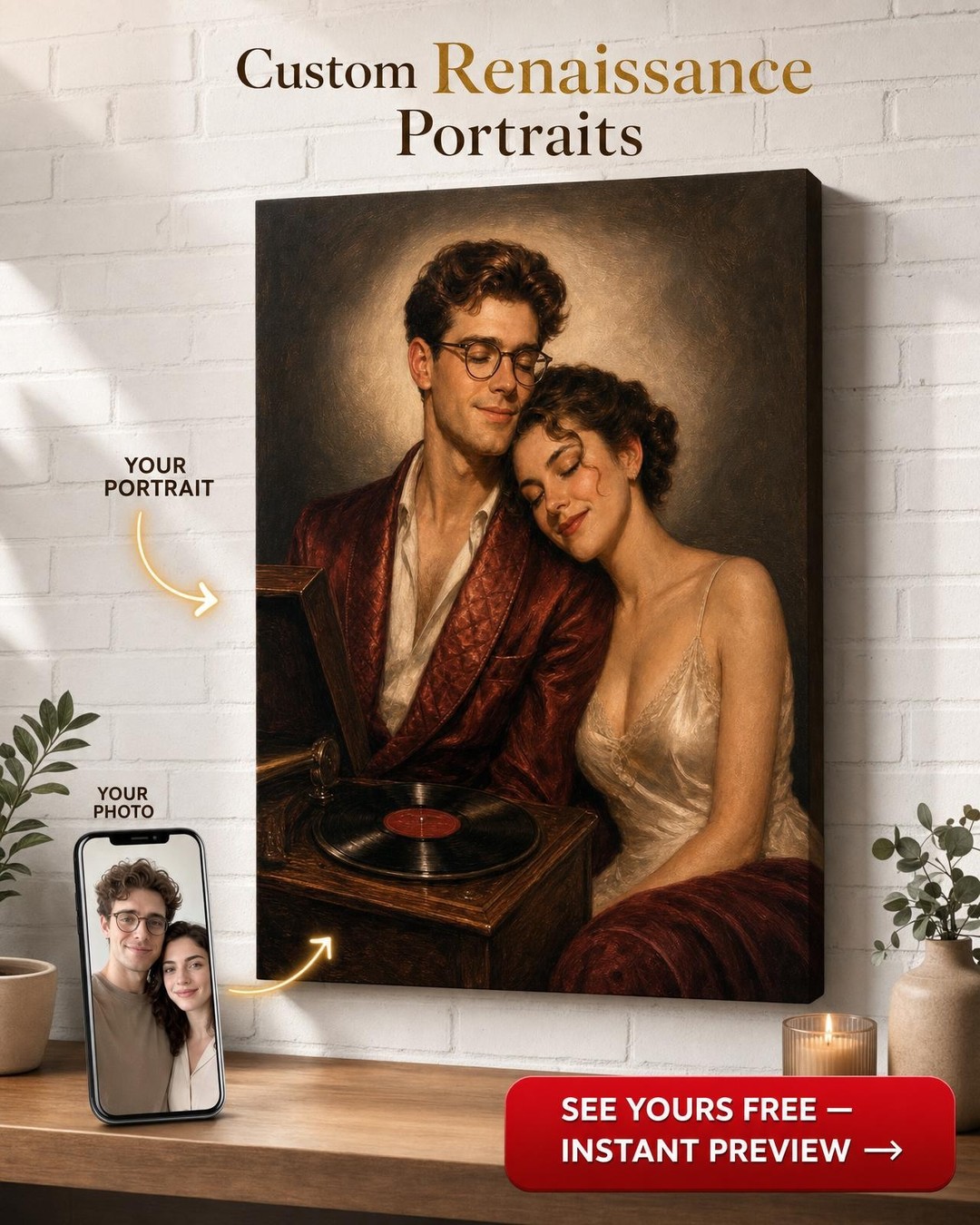 Custom 1940s Hollywood Vinyl Record Couple Portrait from Photo | Personalized Canvas Gift