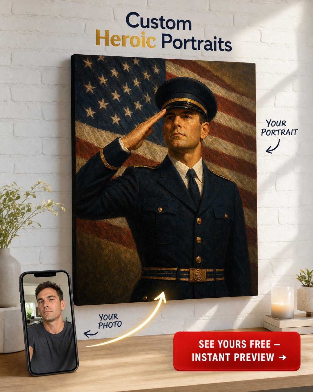 Veteran Salute Custom Portrait from Photo | Personalized Canvas Gift