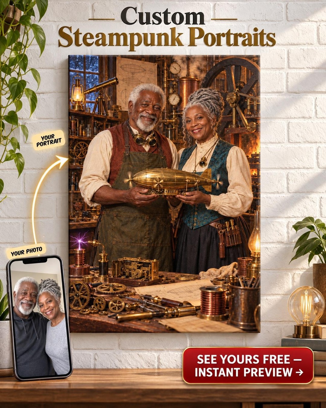 Steampunk Inventors' Workshop Custom Portrait from Photo | Personalized Steampunk Airship Gift